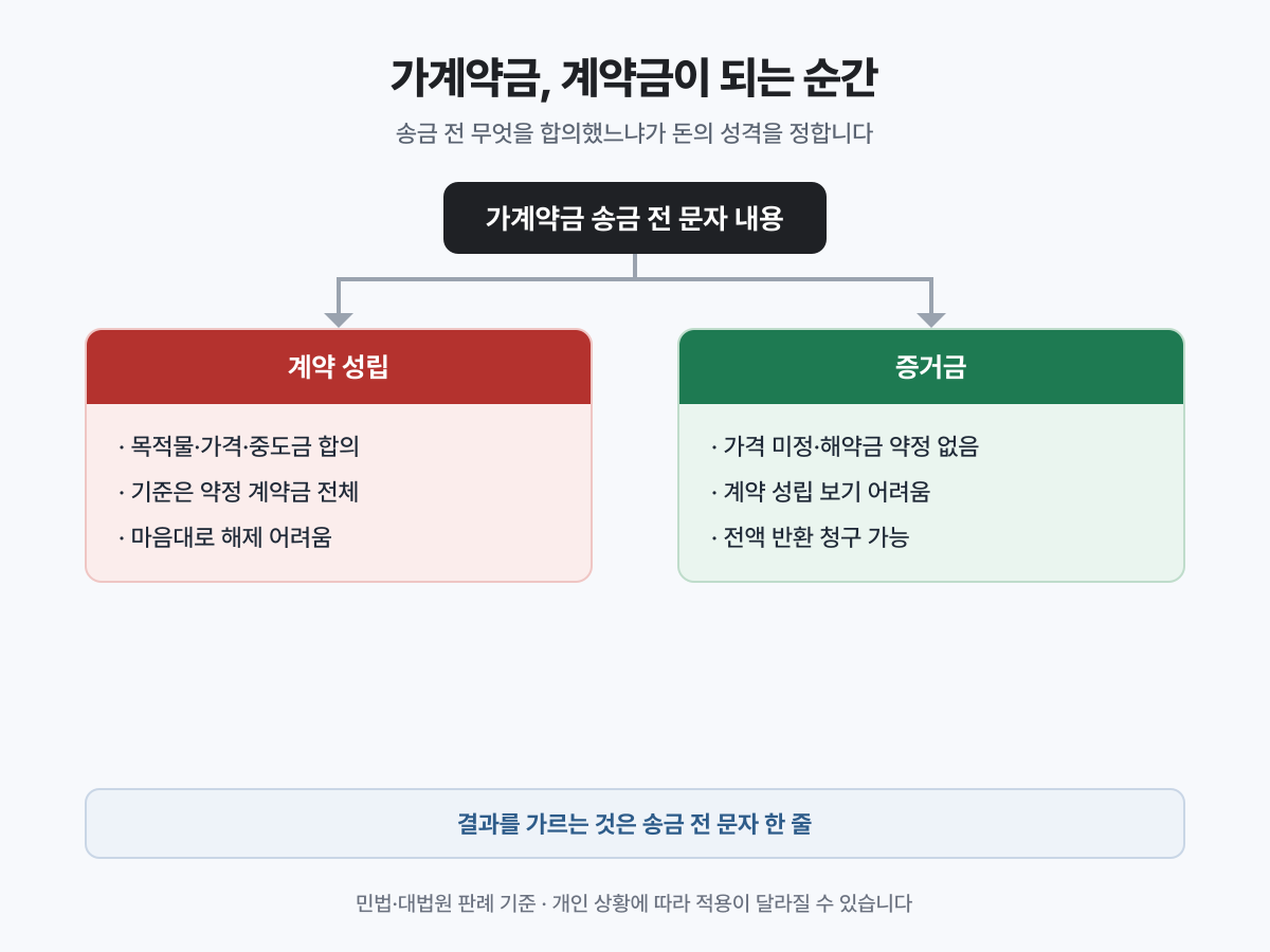 목적물·가격·중도금을 합의하고 보낸 돈은 계약금으로, 가격 협의 중 보낸 돈은 증거금으로 판단될 수 있습니다.